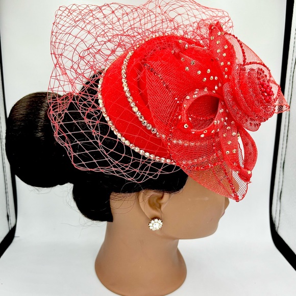 Women’s Floral Mesh Shimmer Elegant Formal Church Side Hat Hair Accessory Red - Picture 2 of 6
